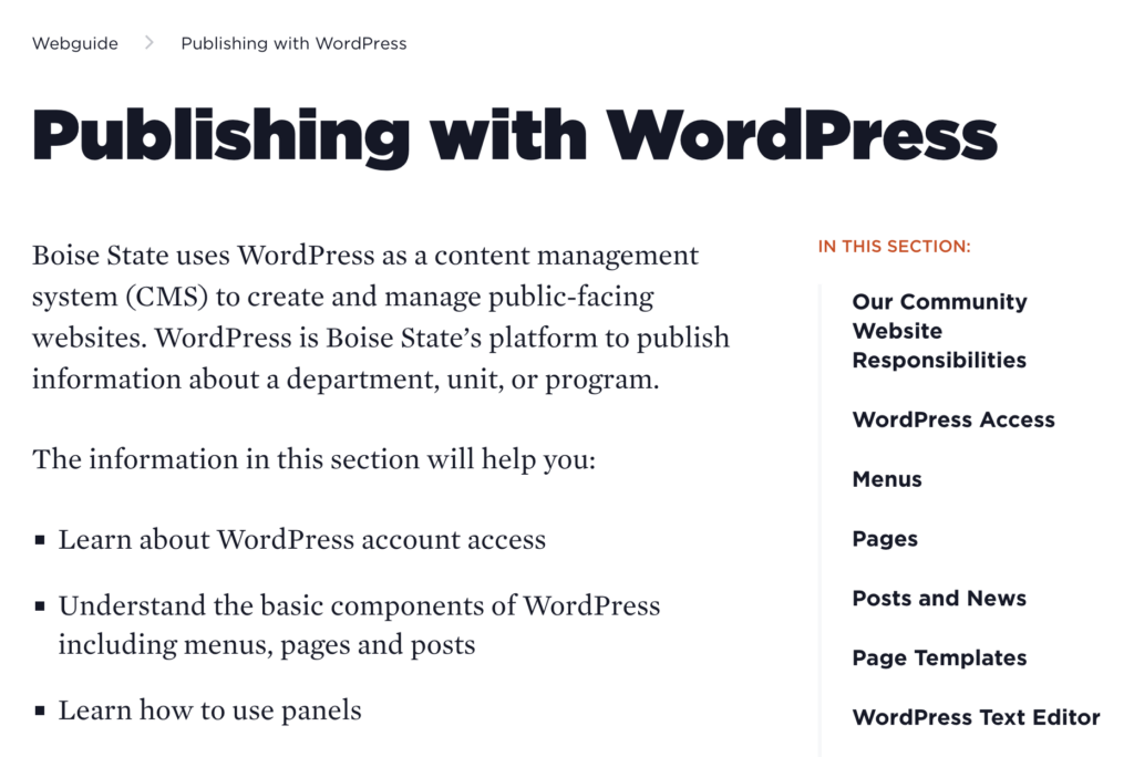 Screenshot of webpage with in this section content